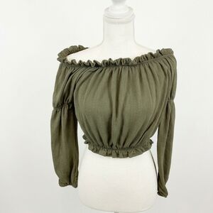 Olive Off-Shoulder Smocked Cropped Top Small